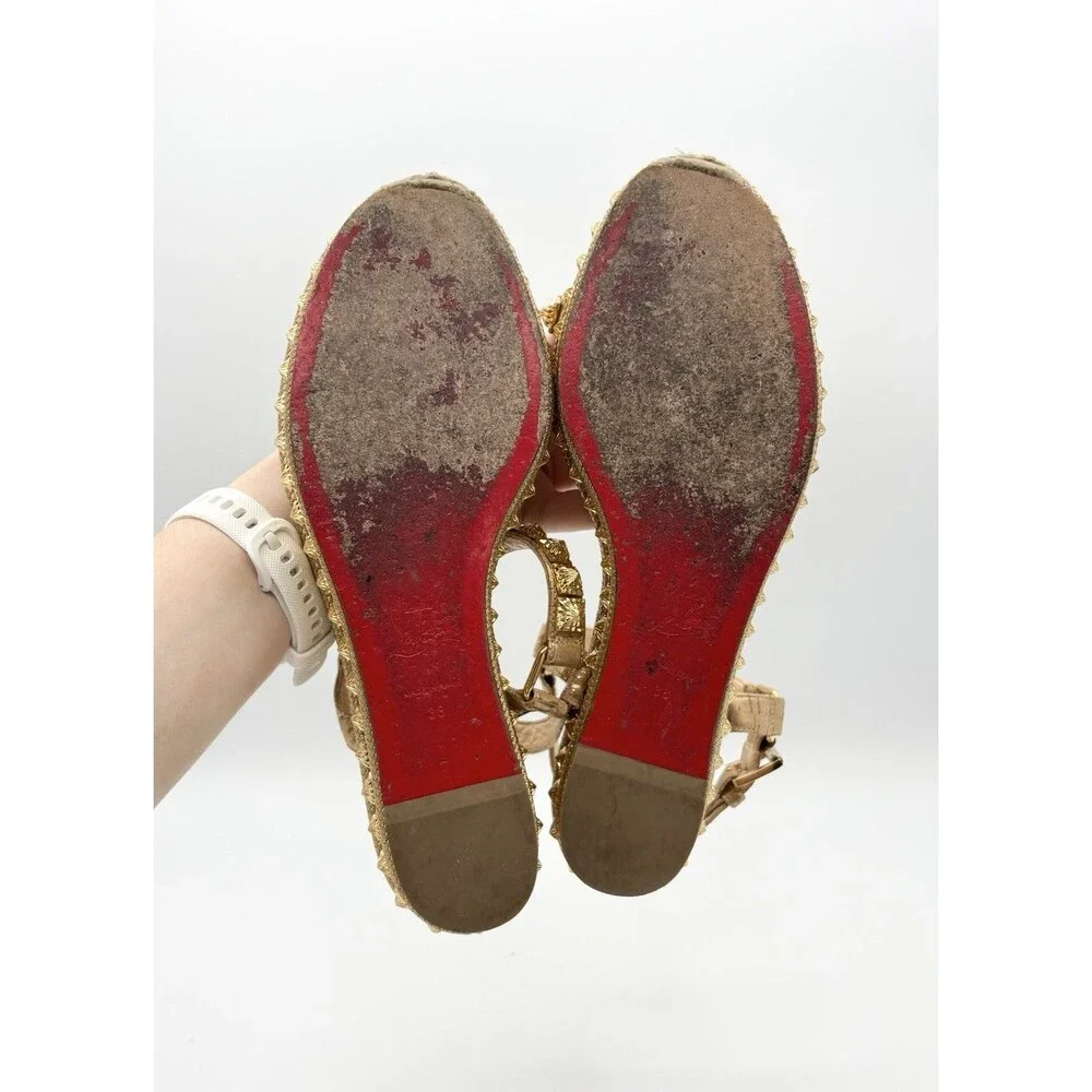 Christian Louboutin Gold Pyraclou 60 Spike Cork Wedge Espadrilles Size EU 38